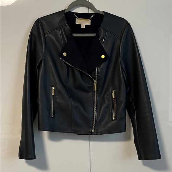 Michael Kors Jackets & Blazers - NWOT MICHAEL KORS Navy Faux Leather Moto Jacket Gold Button, Size M